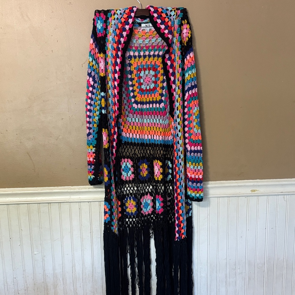 Colorful Crochet Open-Front Cardigan